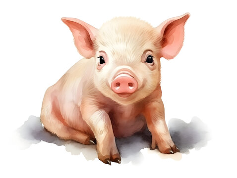 Watercolor illustration of a cute mini pig on white background
