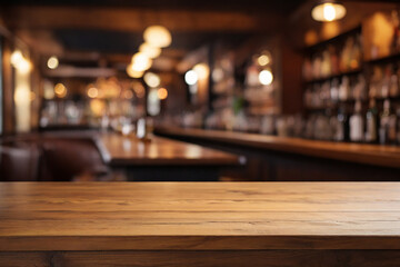 Empty wooden table with blurry bar background