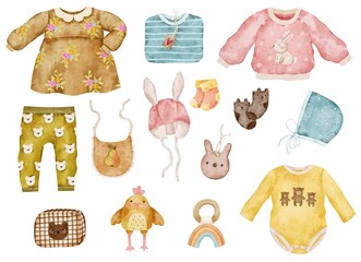 Watercolor set of children's clothes and toys. Clothes for babies - dress, sweater, socks, hat, bodysuit, pants. Toy chicken, rainbow, bunny. A cap with rabbit ears. Cute outfit clipart.