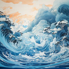 ukiyo-e Japanese painting of Ocean with rough waves