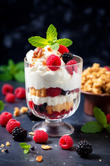 Vegan dessert in glasses with berries, mint, nuts on a dark background