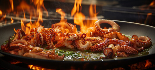 The octopus is cooked in the fire in a frying pan, generative AI