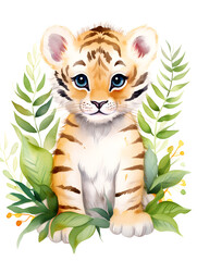 Watercolor illustration of a cute tiger on abstract background 