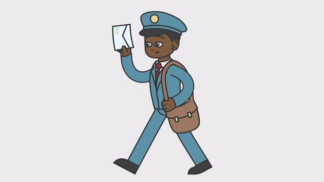 2d animation of walking black male postman holding a letter. Looped 4K video with alpha-channel.