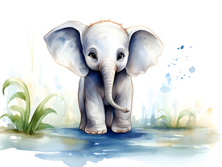 Abstract watercolor illustration of a cute elephant on white background 