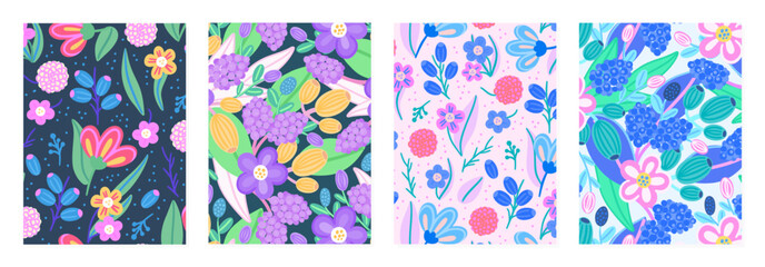 Set of cover templates with beautiful flowers. Colorful artistic backgrounds with floral decorations. Spring designs is for notebook, planner, diary, poster, card, book. Vector illustration