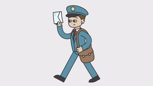 2d animation of walking white male postman holding a letter. Looped 4K video with alpha-channel.