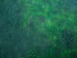 Gros plan sur une fenêtre avec un temps pluvieux et des arbres à l'extérieur - obrazy, fototapety, plakaty