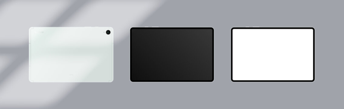 Galaxy Tab S9 FE tablet. Mint color. Transparent background. Samsung Galaxy tablet mockup. Rear and front views. Computer phone Samsung Galaxy Tab S9 FE template. Vector icons
