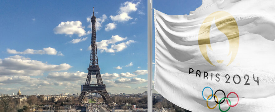 flag of french olympics games 2024 w. Plane design, layout. official logo of SOG 2024 in Paris
