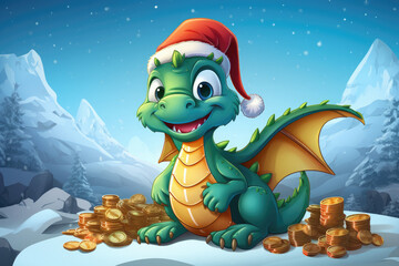 Cute christmas dragon in santa hat in cartoon style with gift boxs and gold coins.The dragon is the symbol of 2024. New Year holiday card. Happy New Year!