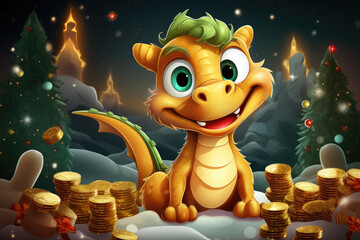 Cute christmas dragon in cartoon style with gift boxs and gold coins.The dragon is the symbol of 2024. New Year holiday card. Happy New Year!