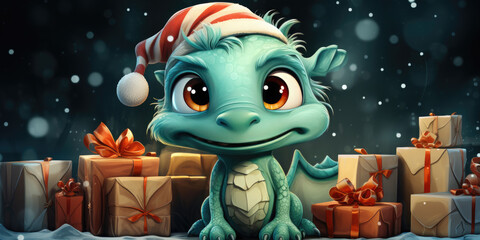 Naklejka premium Cute green christmas dragon in santa hat in cartoon style with gift boxs .The dragon is the symbol of 2024. New Year holiday card. Happy New Year!