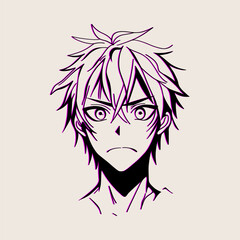 Asian male face anime style. Cartoon korean japanese man portrait with eyes and mouth, cute doodle comic manga character with neon glitch effect. Vector illustration