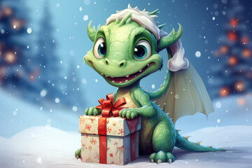 Cute christmas dragon in santa hat in cartoon style with gift boxs on the backdrop of a beautiful snowy forest.The dragon is the symbol of 2024. New Year holiday card. Happy New Year!