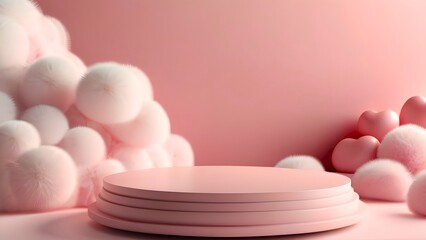 3D rendering of minimal product display podium with fluffy pom and hearts on pastel pink background. Illustration with copy space for mock up and product placement
