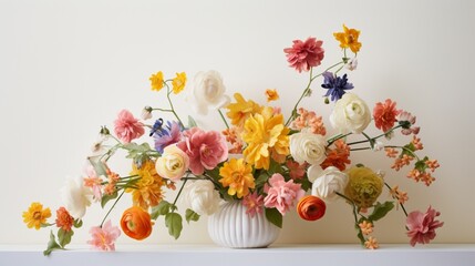 an artful display of colorful flowers on a clean white tabletop.