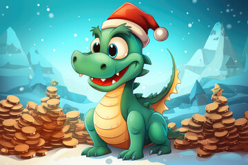 Cute christmas dragon in santa hat in cartoon style with gift boxs and gold coins.The dragon is the symbol of 2024. New Year holiday card. Happy New Year!