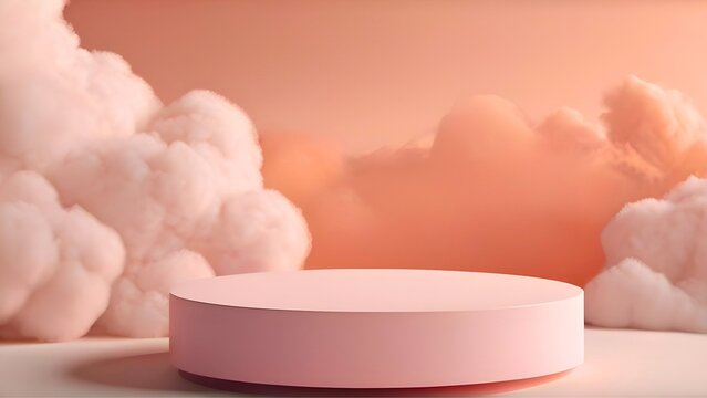 3d rendering of a pink podium on the background of a beautiful clouds scene. Illustration with copy space for mock up, display, showcase, backdrop, product placement © Matcha