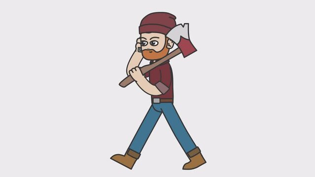 2d animation of walking white male lumberjack talking on the phone. Looped 4K video with alpha-channel.
