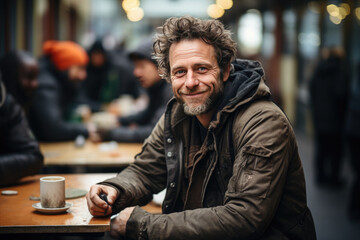 Happy homeless man, bum, beggar eats a canteen against the background of people. Help the homeless, charity, volunteering	
 - obrazy, fototapety, plakaty