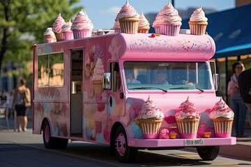 Festival agitated, colorful truck offers sweet and salty cupcakes, lively crowd., generative IA - obrazy, fototapety, plakaty