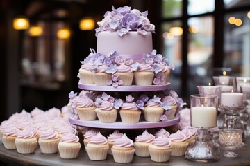 Obraz na płótnie Canvas Wedding displays unique cupcake tower, celebrates guest choices., generative IA