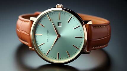 A modern rose gold watch placed elegantly on a mint green surface