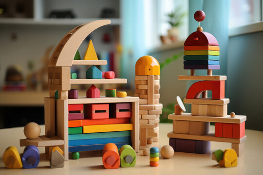 Colorful wooden Mentensorri toys on the table.They develop fine motor skills, imagination, and provide an understanding of the shapes, colors, sizes and other characteristics of objects.