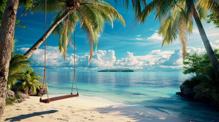Swing on a tropical island against the backdrop of the ocean and sandy beach