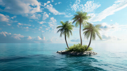 Fototapeta na wymiar Small remote island with palm trees in the ocean