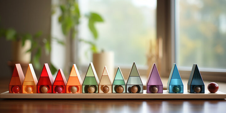 Colorful wooden Mentensorri toys on the table.They develop fine motor skills, imagination, and provide an understanding of the shapes, colors, sizes and other characteristics of objects.