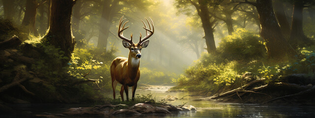 the deer stands in the forest near the river - obrazy, fototapety, plakaty