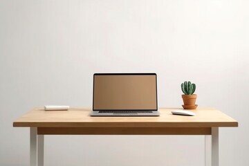 Serene Workspace With Laptop and Succulent on Minimalist Desk