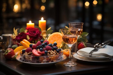Obraz na płótnie Canvas Elegant dinner, refined table, highlight for gourmet dessert., generative IA