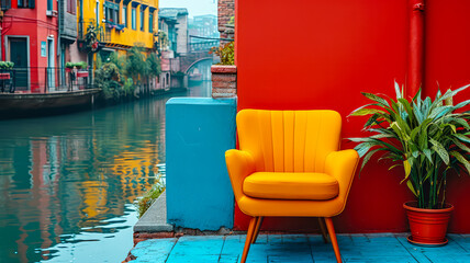 Gelber Sessel am roter Wand, an einem Kanal in Venedig. 