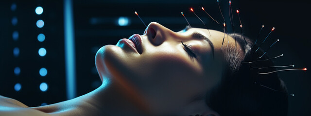A masseuse performs acupuncture on a girl on a massage table - obrazy, fototapety, plakaty