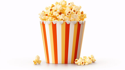 Tasty popcorn in striped bucket, isolated on white background