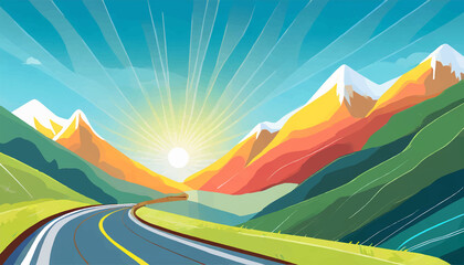 a winding roadway road mountain travel drive desert sunset driving exploring recreation holiday explore perspective illustration mountains landscape adventure scenic sky horizon direction route - obrazy, fototapety, plakaty