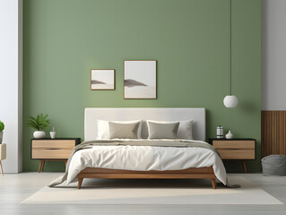 3D modern bedroom with green wall and white bed and furniture