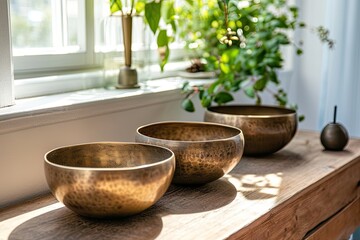 singing bowls sitting on a wooden table in the living room