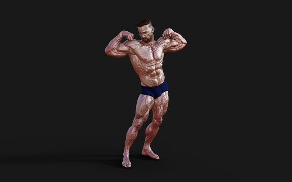 3d Illustration Shirtless guy in blue panties showing his muscular body. Bodybuilder man with clipping path.