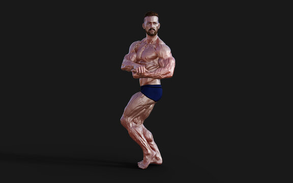 3d Illustration Shirtless guy in blue panties showing his muscular body. Bodybuilder man with clipping path.