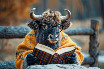 Bison in Glasses Reading a Book. Created with Generative AI