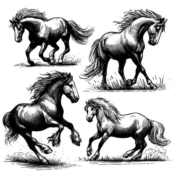 sketch set horses. Minimalism horse portrait and silhouette, stable animals single continuous line vector illustration set. Continuous linear design. Elegant characters running and standing