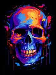 T-shirt design, this skull has a colorful background on which paint puddles, in the style of graphic design poster art created with Generative Ai