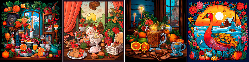 Celebrate Nowruz with a bright and cheerful holiday card. Colorful still lifes and cartoon elements bring joy and mood. Send warm wishes to friends and family with this unique card design. - obrazy, fototapety, plakaty