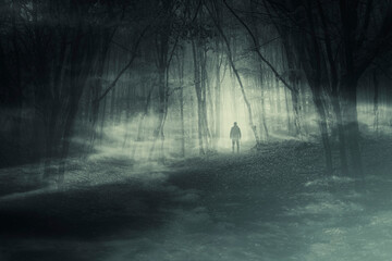 fog in dark horror forest with scary man silhouette