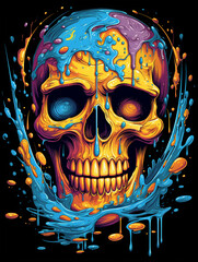 T-shirt design, this skull has a colorful background on which paint puddles, in the style of graphic design poster art created with Generative Ai