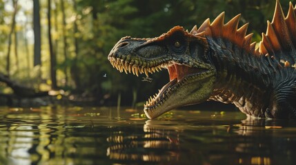 3D render animation of close up spinosaurus at a creek in the water in prehistoric setting, dinosaur concept    - obrazy, fototapety, plakaty
